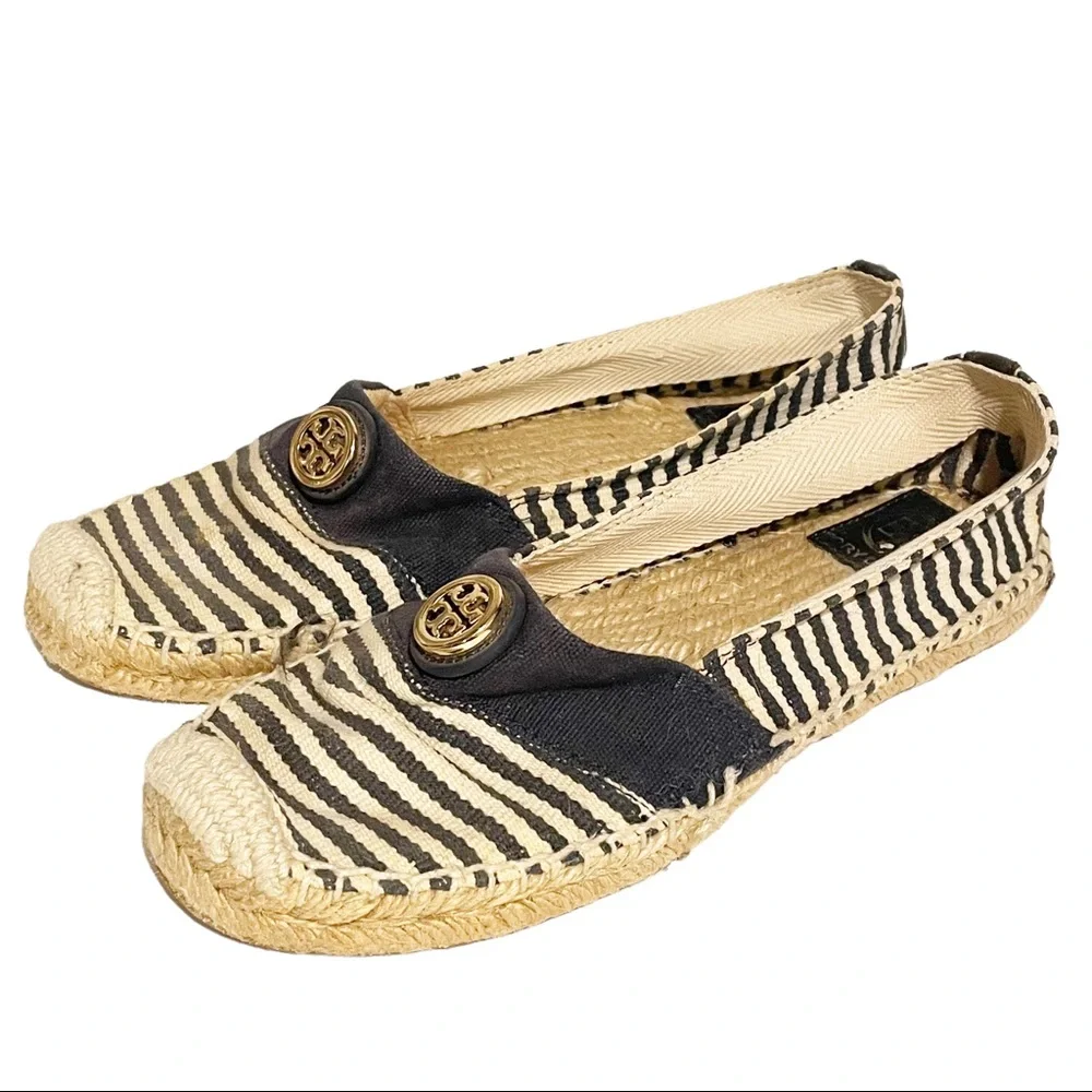 Tory Burch Size 8 Navy Nautical Box Striped Canvas Summer Espadrilles Flats
